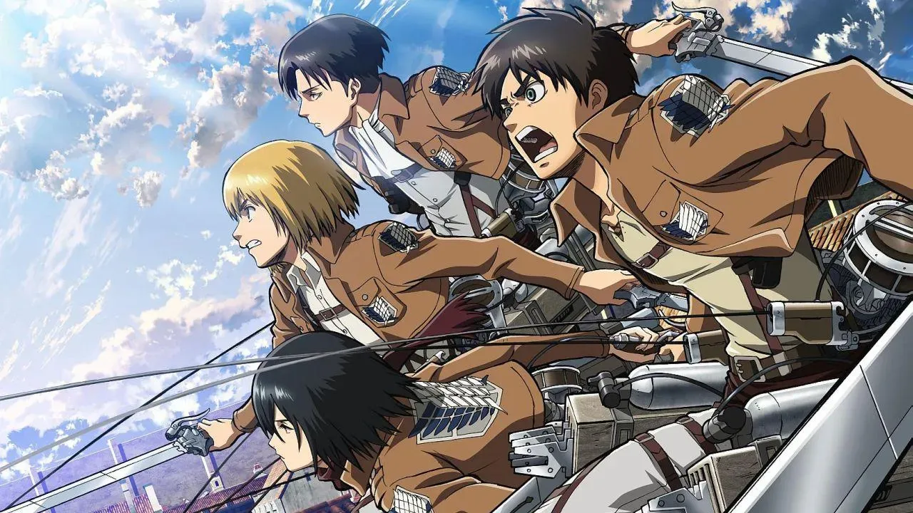Eren, Mikasa, Armin, Levi y la Tropa 104 de Attack on Titan con el equipo de maniobras