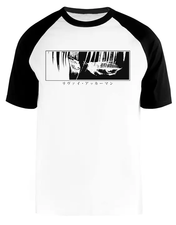 Camiseta béisbol manga corta Levi «mirada fija» (Enigmae, blanca)