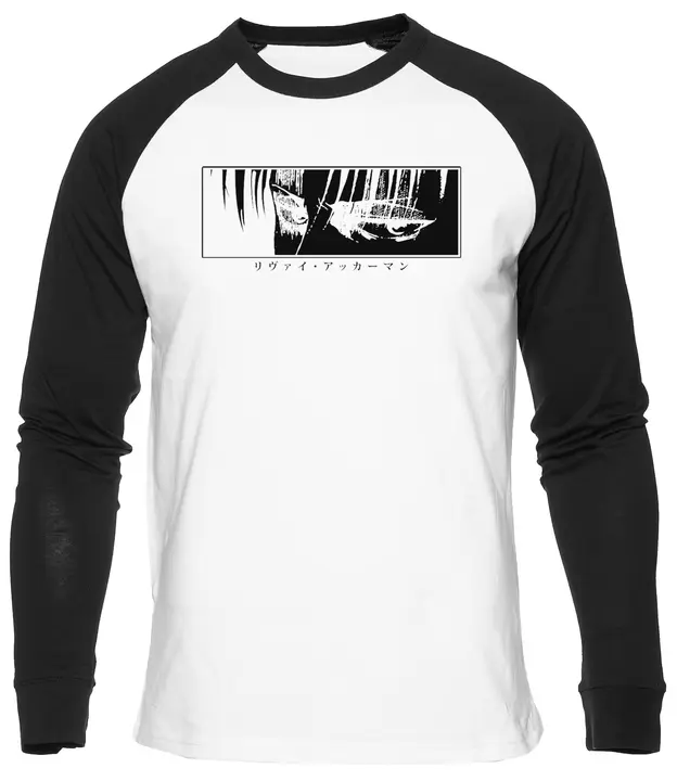 Camiseta béisbol manga larga Levi «mirada fija» (Enigmae, blanca)