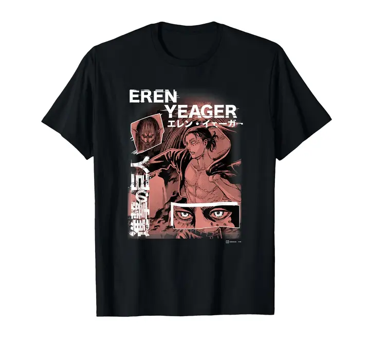 Camiseta collage de manga Eren Jaeger — negro