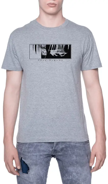 Camiseta de hombre Levi «mirada fija» con texto japonés (Enigmae, gris)