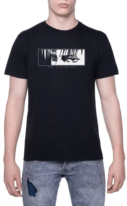 Camiseta de hombre Levi «mirada fija» con texto japonés (Enigmae, negra)