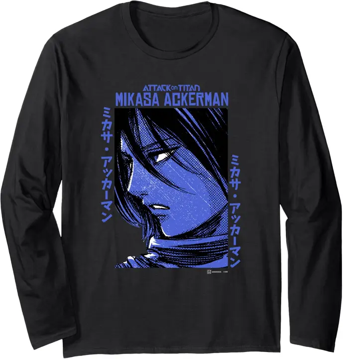 Camiseta de manga larga retrato de Mikasa Ackerman estilo manga — negro