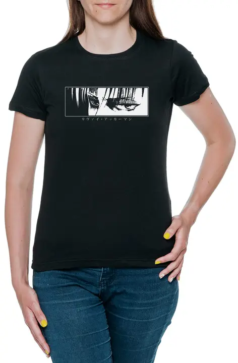 Camiseta de mujer Levi «mirada fija» con texto japonés (Enigmae, negra)