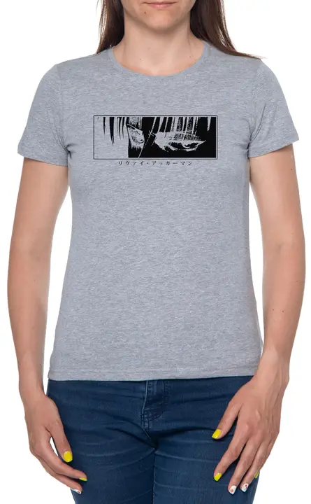 Camiseta de mujer Levi «mirada fija» con texto japonés (Enigmae, gris)