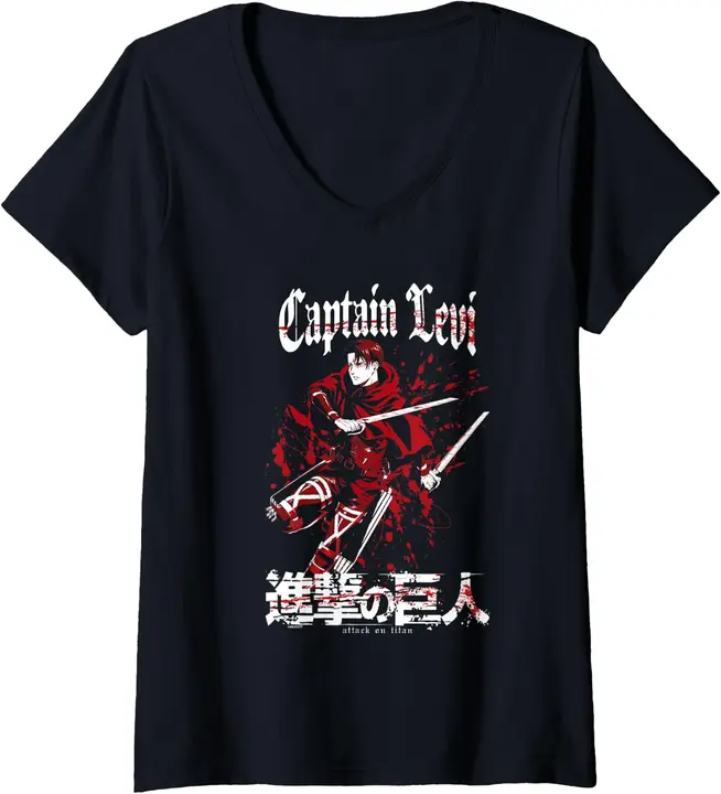 Camiseta mujer cuello pico «Capitán Levi con kanji» rojo y blanco (negra)