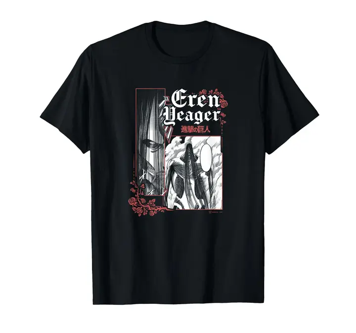 Camiseta retrato grande Eren Jaeger y su titán estilo manga — negro