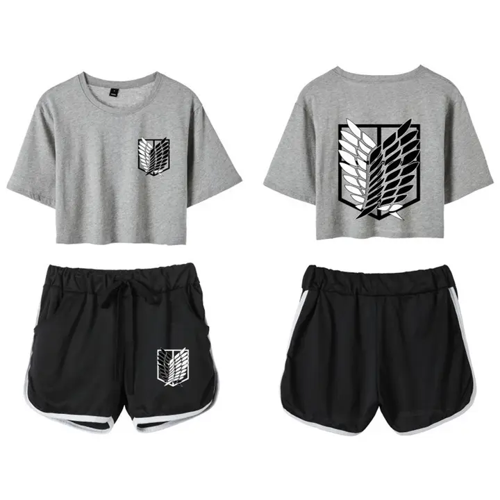 Conjunto crop top y short Attack on Titan para mujer — gris 1