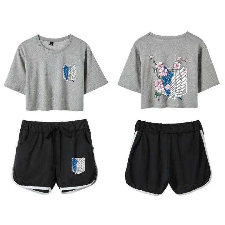 Conjunto crop top y short Attack on Titan para mujer — gris 3