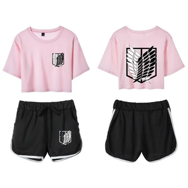 Conjunto crop top y short Attack on Titan para mujer — rosa 1