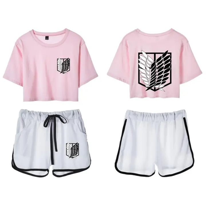 Conjunto crop top y short Attack on Titan para mujer — rosa 2