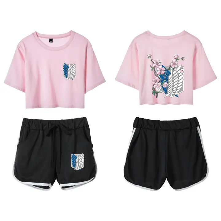 Conjunto crop top y short Attack on Titan para mujer — rosa 3