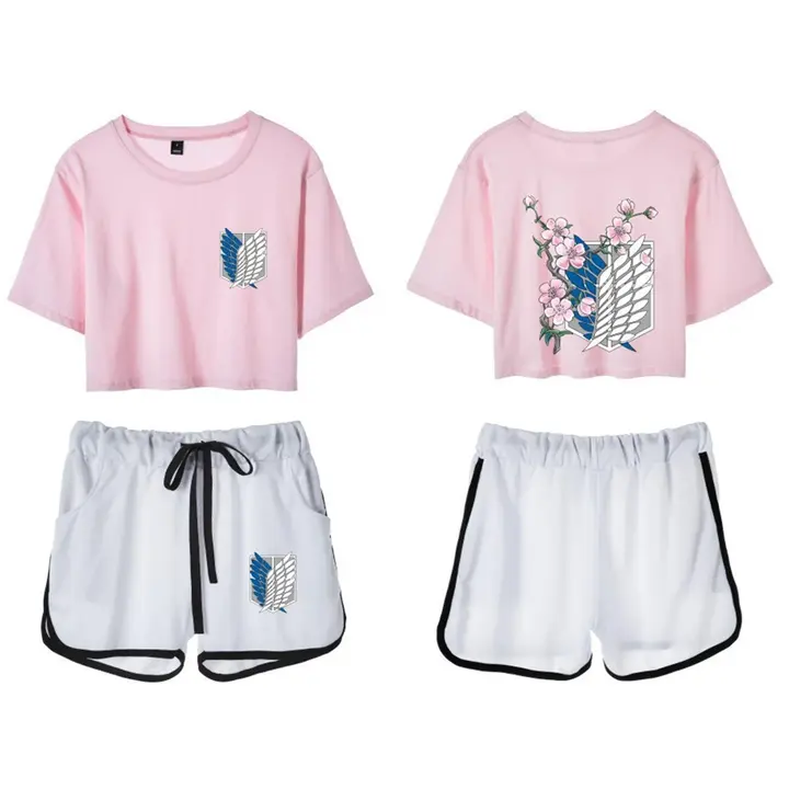 Conjunto crop top y short Attack on Titan para mujer — rosa 4