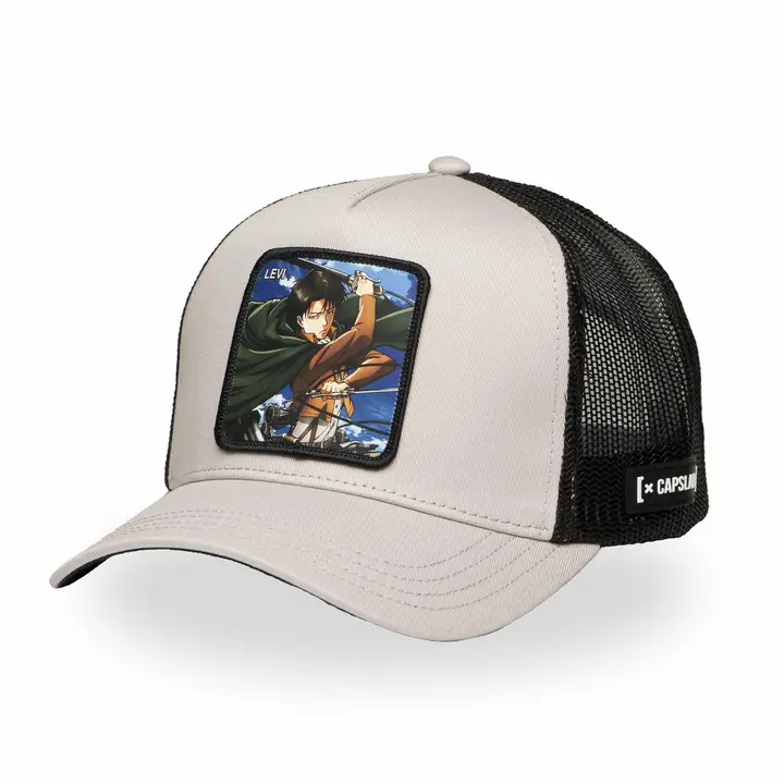 Gorra trucker Capslab Levi Ackerman (Attack on Titan) — gris y negro