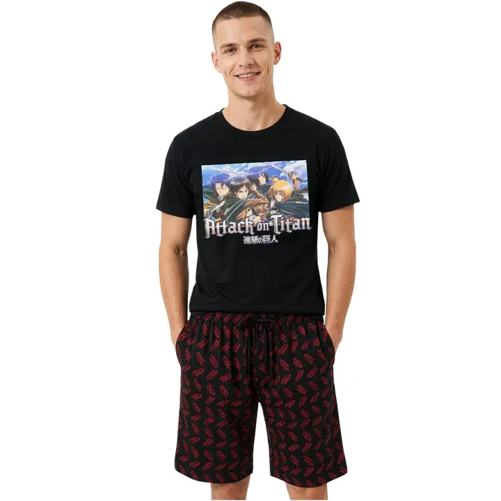 Pijama corto Attack on Titan de algodón para hombre (Get Trend, negro)