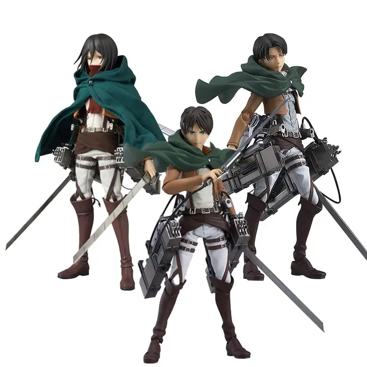 Set de 3 figuras de Mikasa, Eren y Levi con caras intercambiables, 15 cm