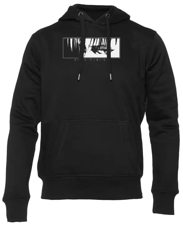 Sudadera con capucha Levi «mirada fija» con texto japonés (Enigmae, negra)