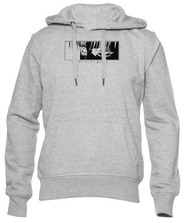 Sudadera con capucha Levi «mirada fija» con texto japonés (Enigmae, gris)